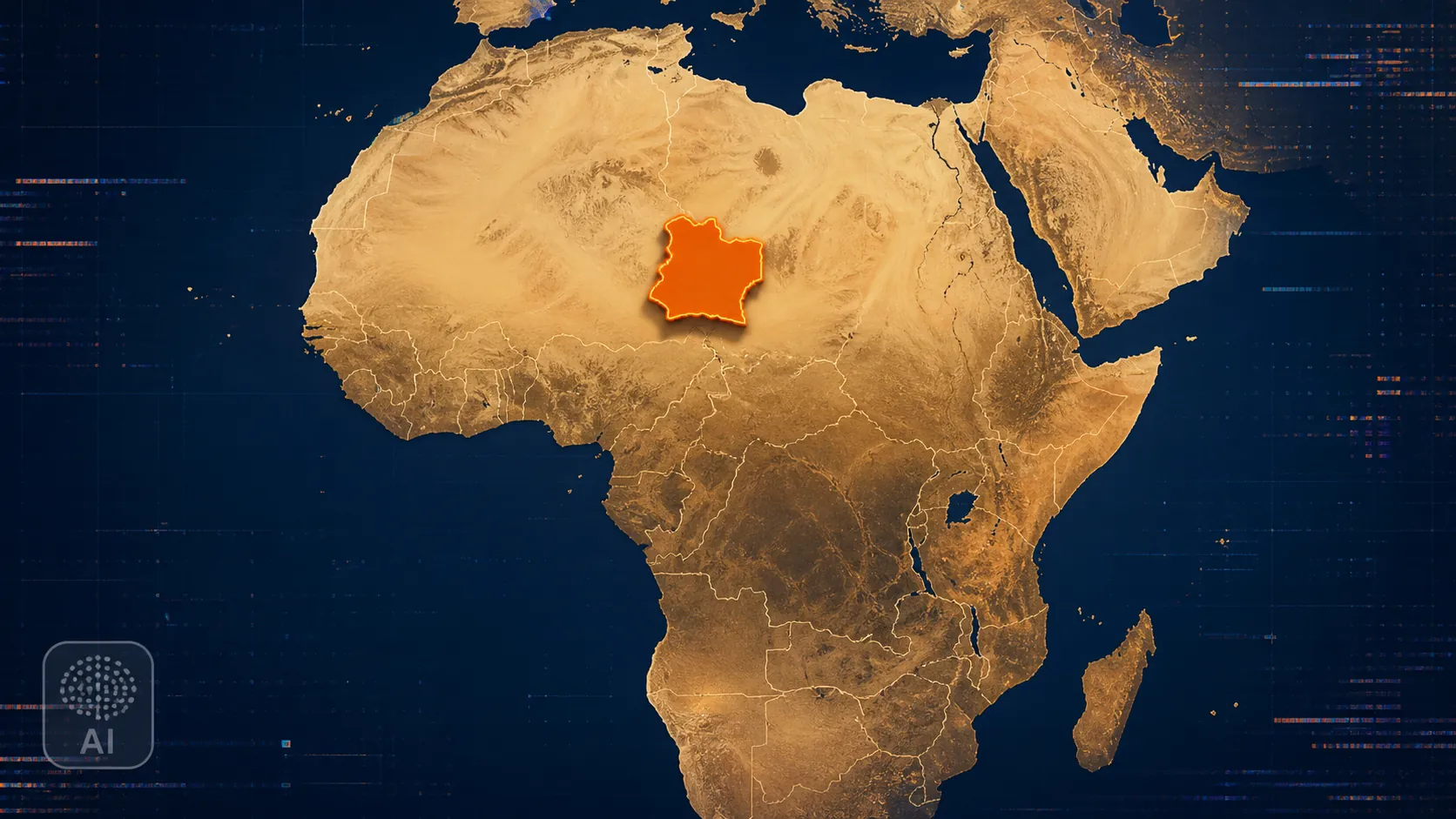 Stylized Africa map with a misplaced country marker, digital grid lines, glitch distortion, and a watermark-style badge