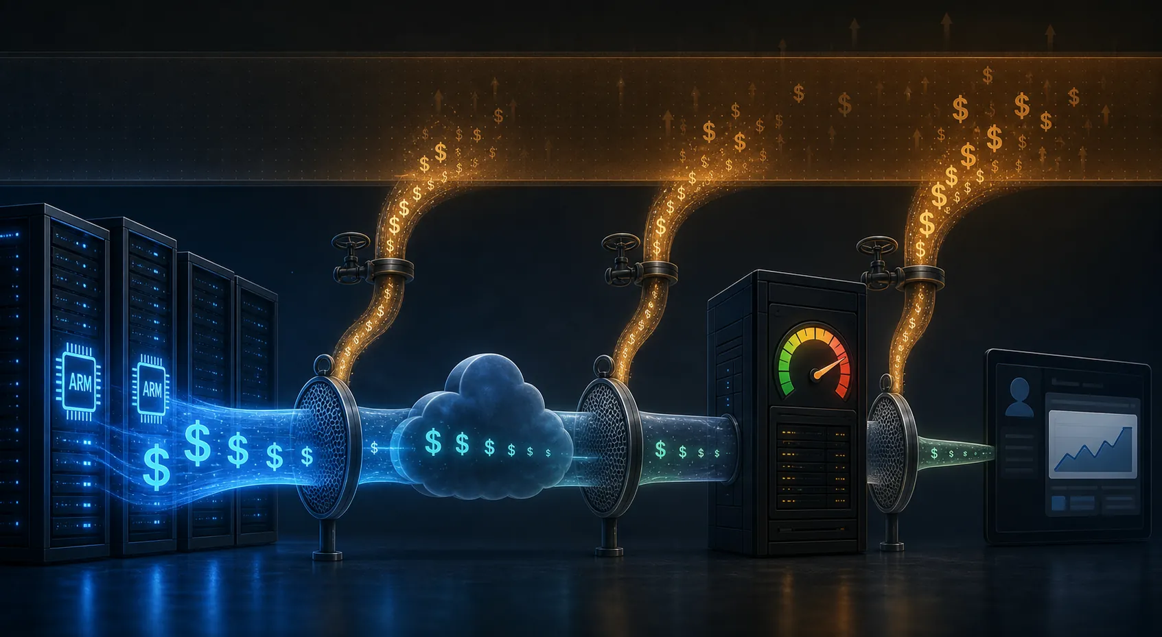 Five-stage pipeline from ARM infrastructure savings through cloud pricing, platform margin, and absorption points to advertiser pricing