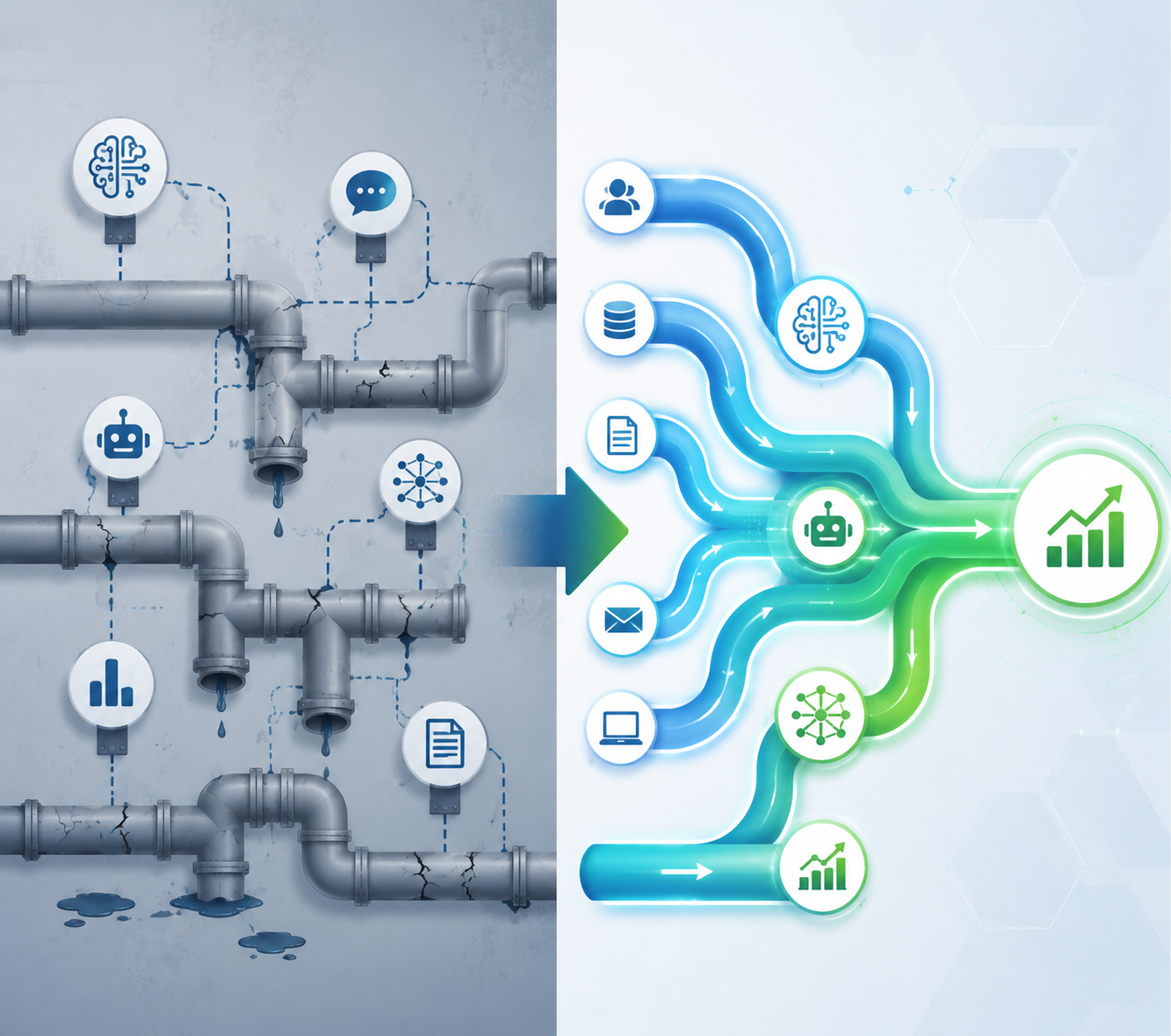 Split comparison of a bolt-on AI workflow and a rewired AI workflow leading to revenue output