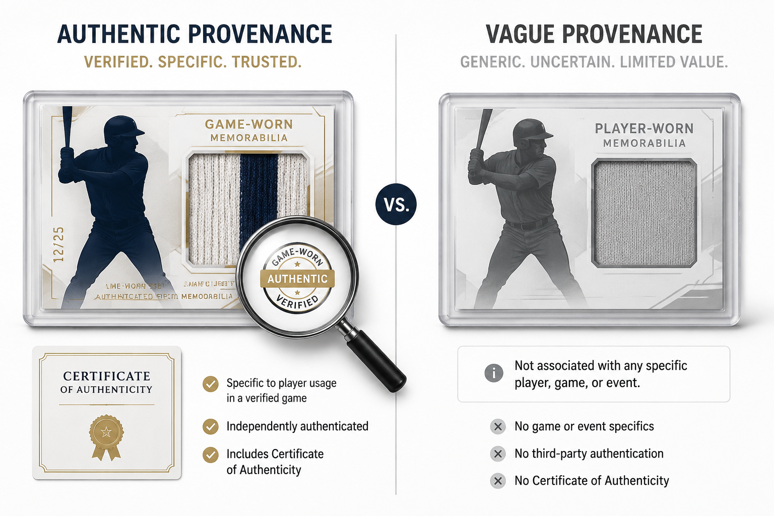 Comparison of a verified game-worn patch card and a card with a generic patch disclaimer