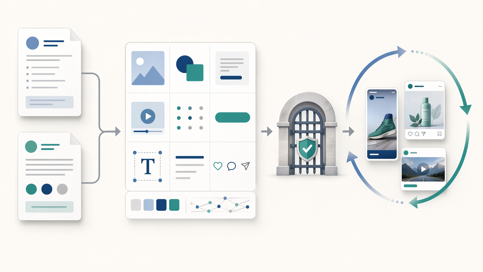 Creative production pipeline with briefs, brand voice guidelines, modular asset blocks, a review gate, and a refresh loop
