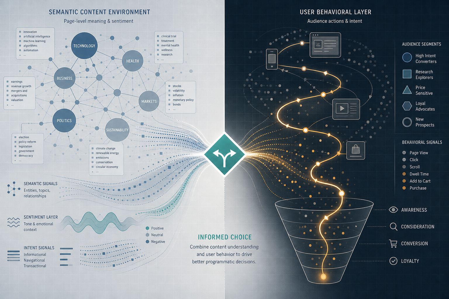 Split-panel editorial illustration showing two converging signal streams — a semantic content environment on the left and a behavioral user layer on the right — meeting at a central decision point.