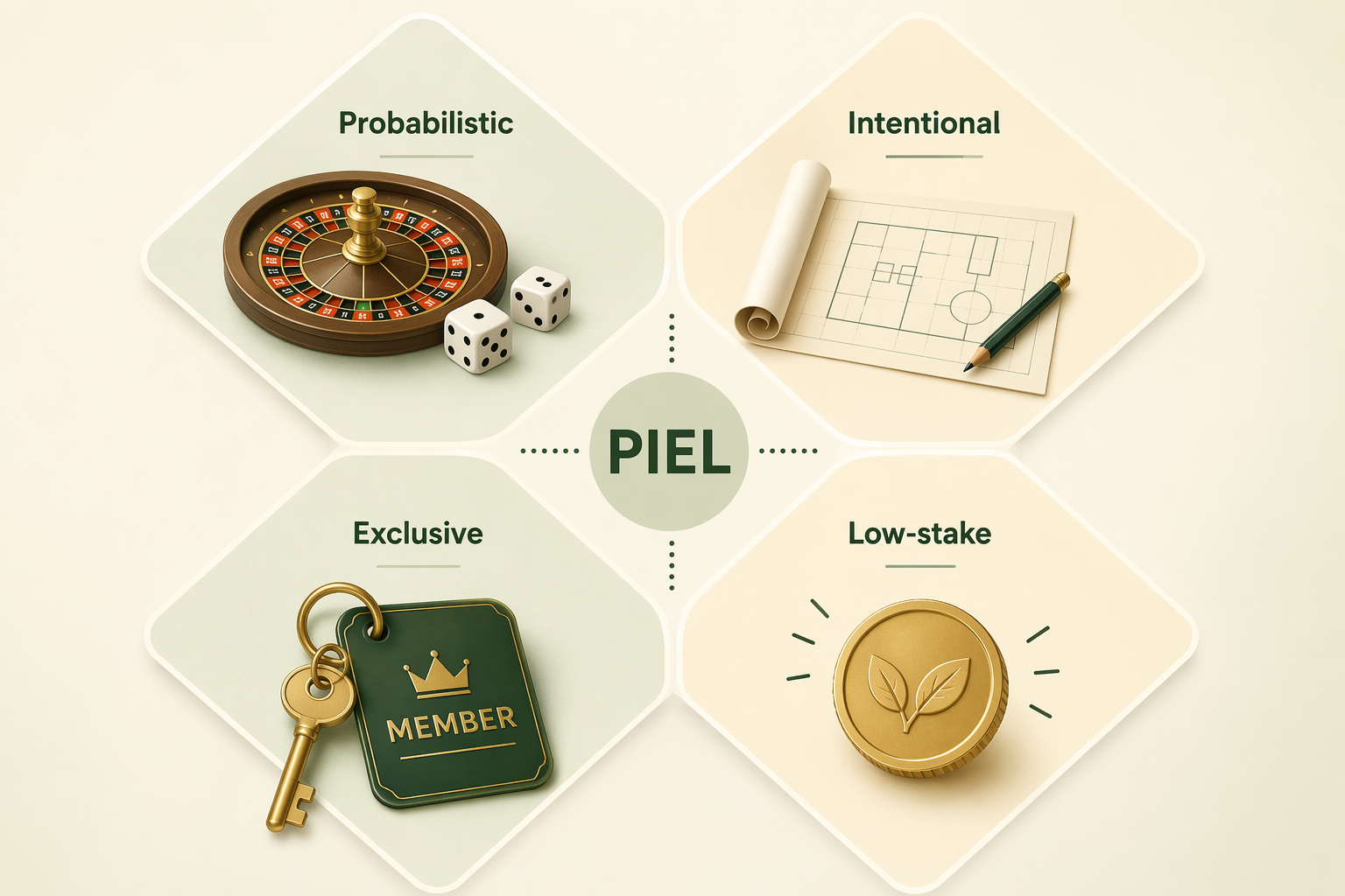 PIEL surprise marketing framework with Probabilistic, Intentional, Exclusive, and Low-stake panels