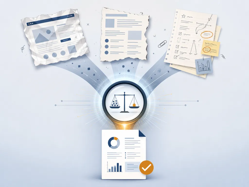 Workflow illustration showing messy landing pages, competitor documents, and campaign notes becoming a clean report