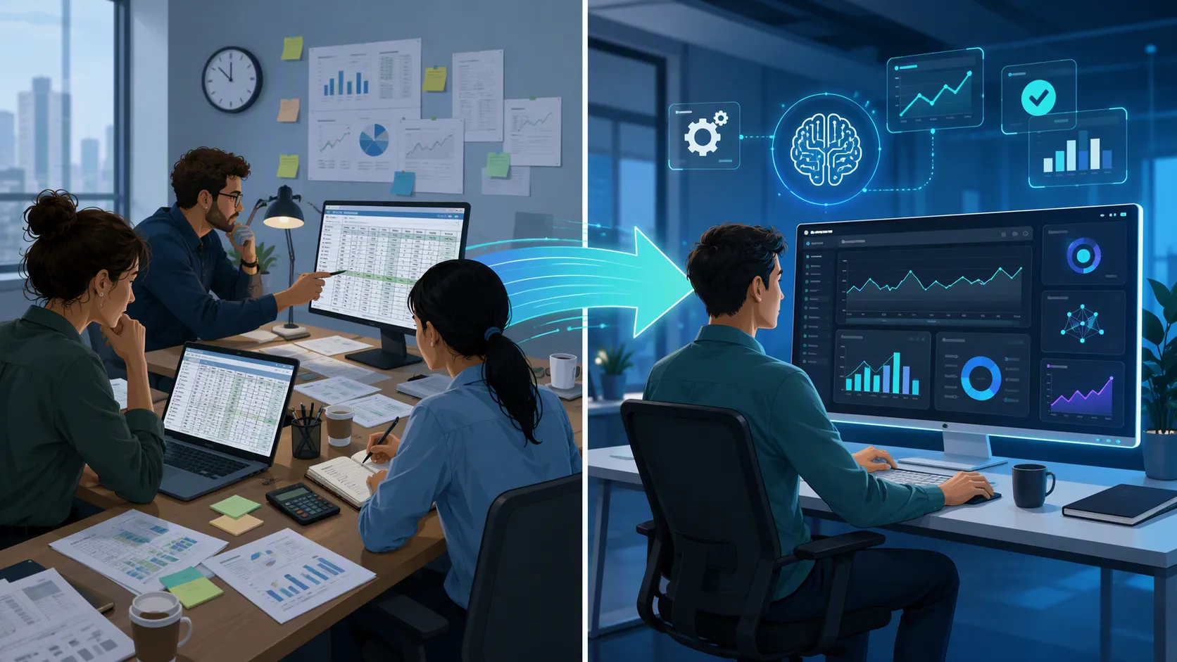Editorial illustration contrasting manual paid media workflows with a single operator monitoring automated ad dashboards