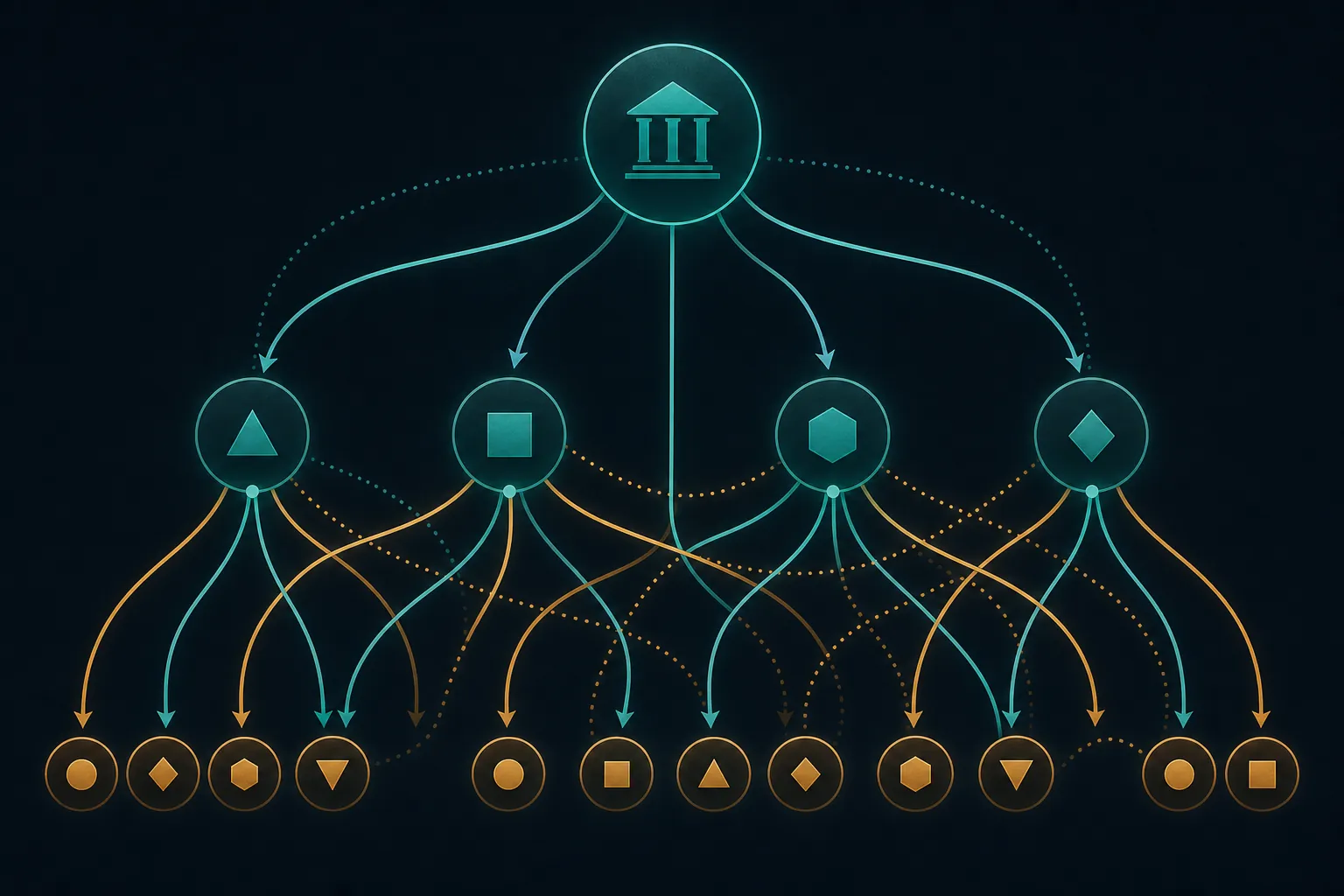 Layered money-routing flowchart showing funds moving through committees, vendors, and downstream campaign messages