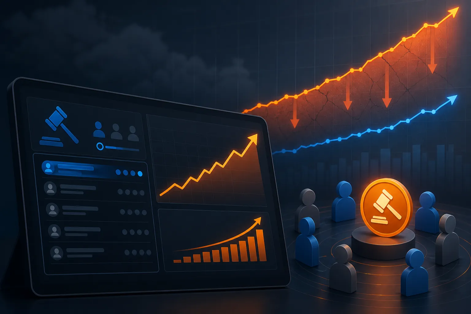 Digital auction dashboard with upward-trending cost metrics and diverging revenue and cost curves