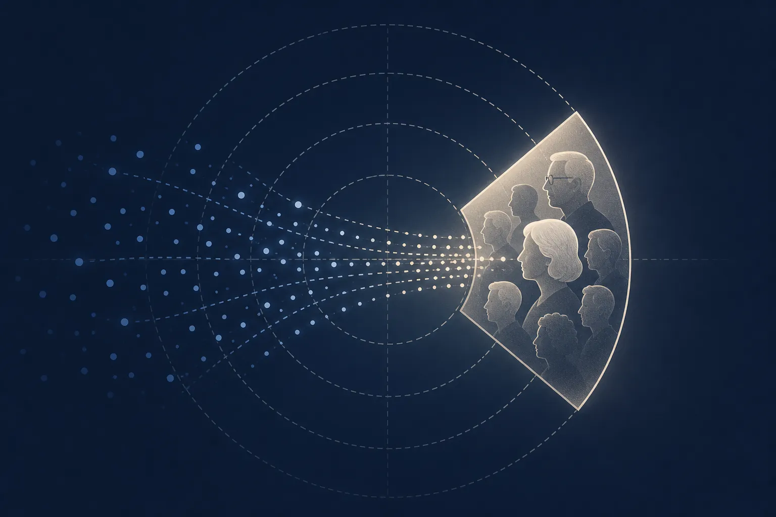 Abstract targeting scope with glowing delivery signals concentrating on one outer audience segment