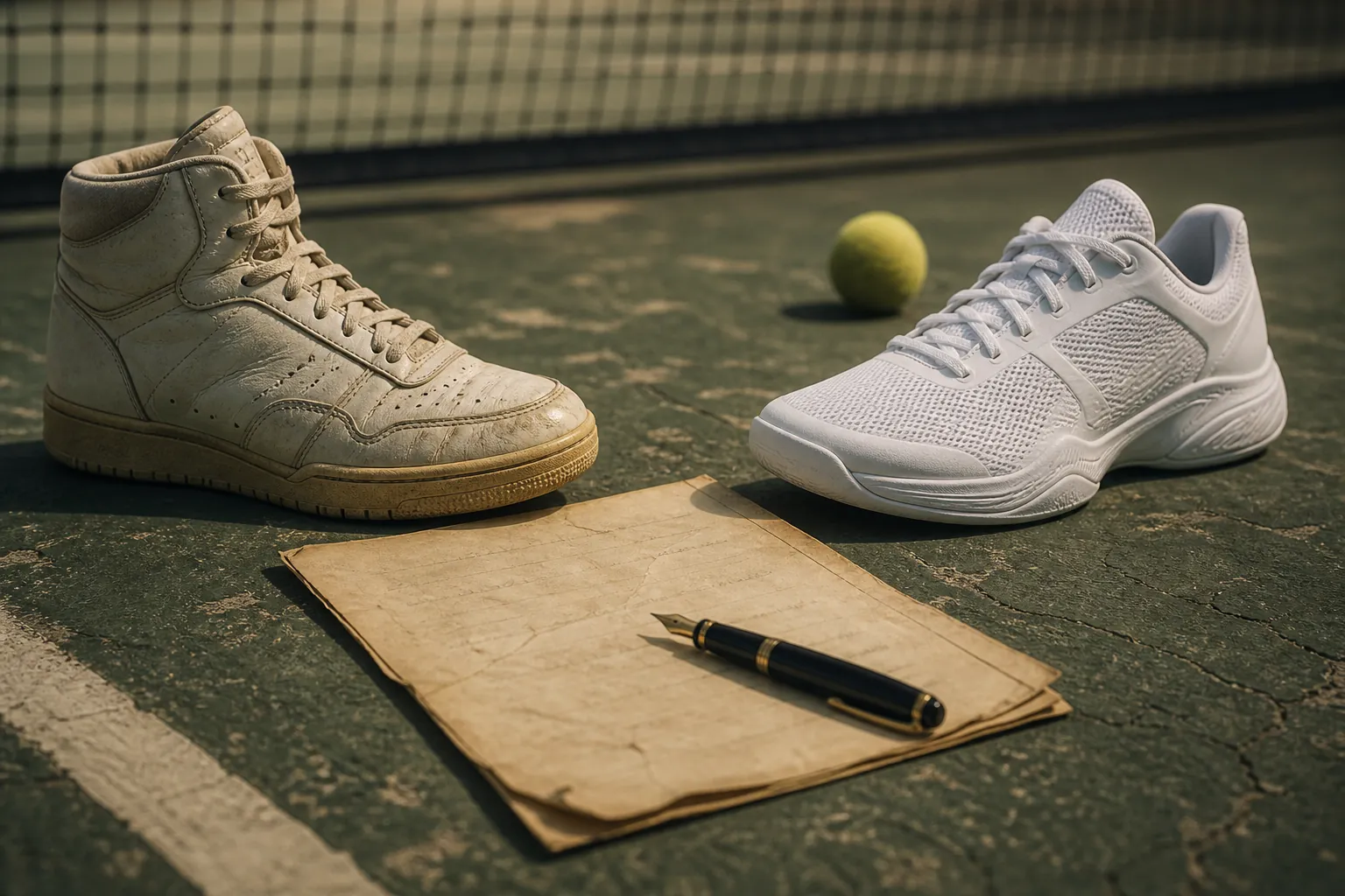 Vintage tennis sneaker and modern performance sneaker placed beside a paper contract on a green court