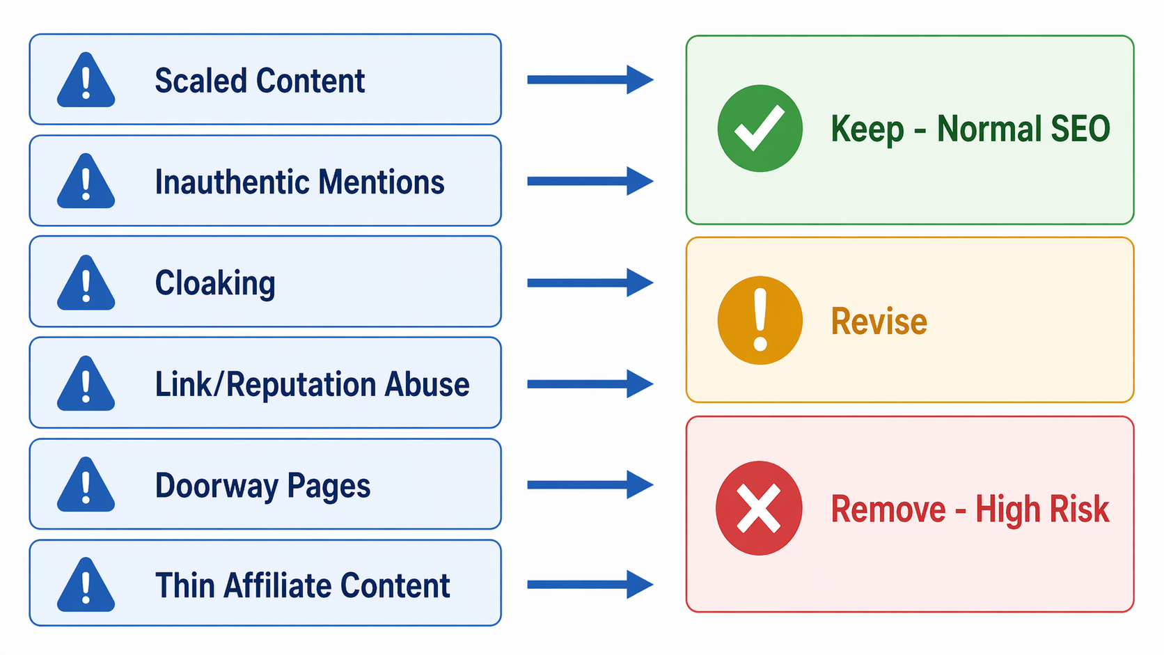 Audit workflow sorting GEO tactics into keep, revise, and remove outcomes