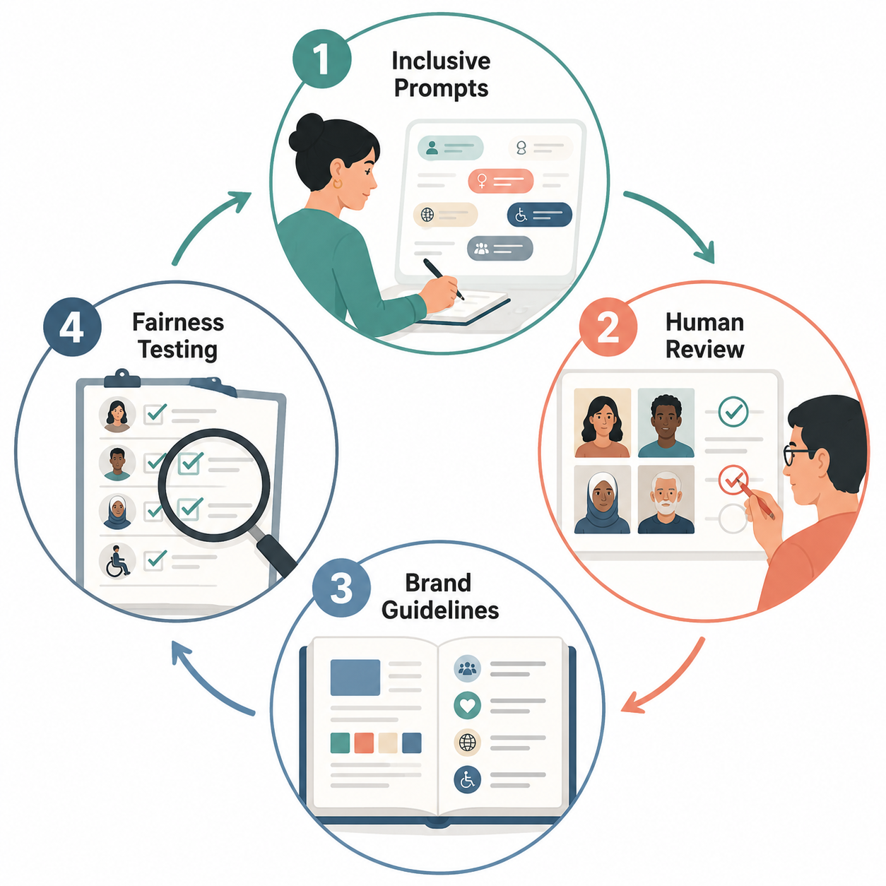 Circular workflow showing inclusive prompts, human review, brand guidelines, and fairness testing