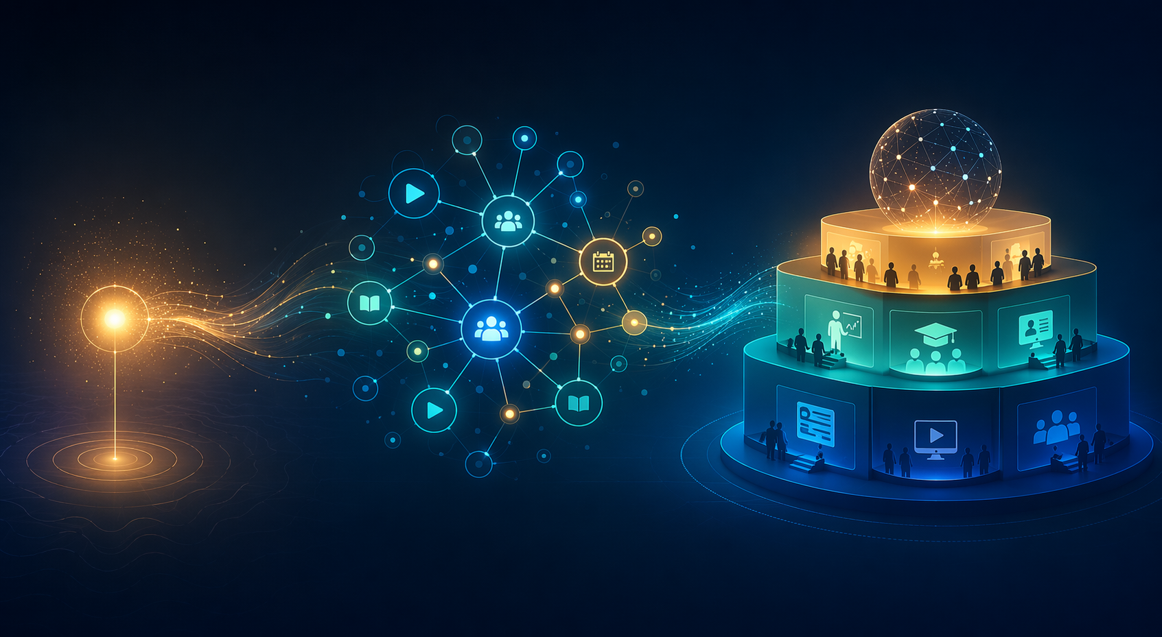 Abstract journey from a single glowing node to a connected media and education platform