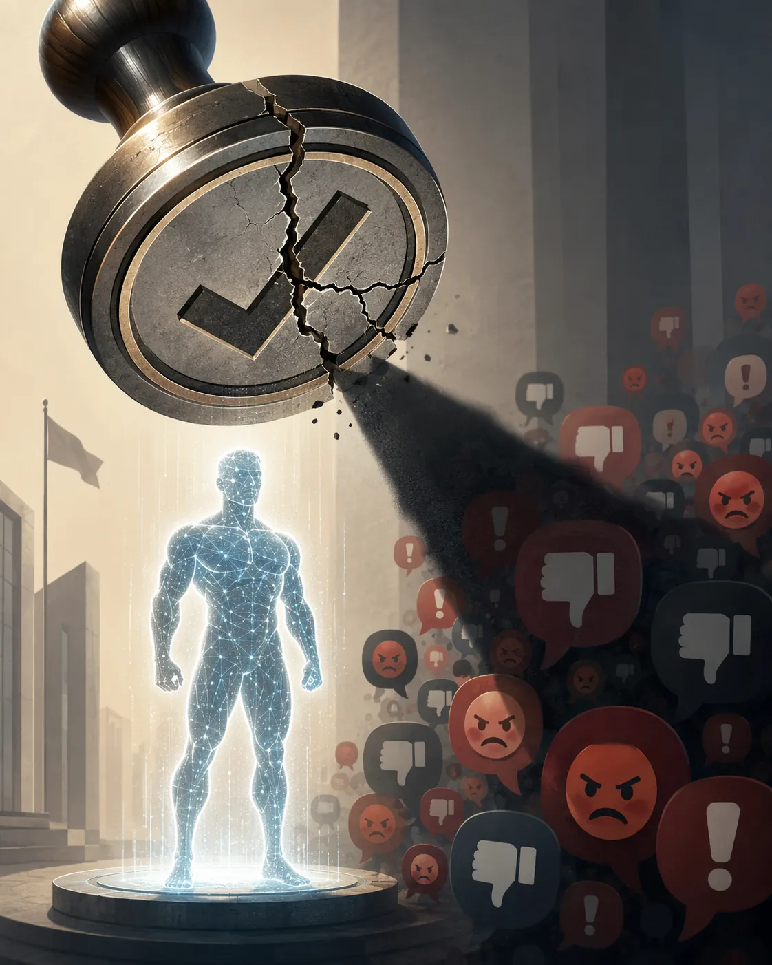 Cracked approval stamp over an AI-generated human silhouette with negative reaction icons from a crowd