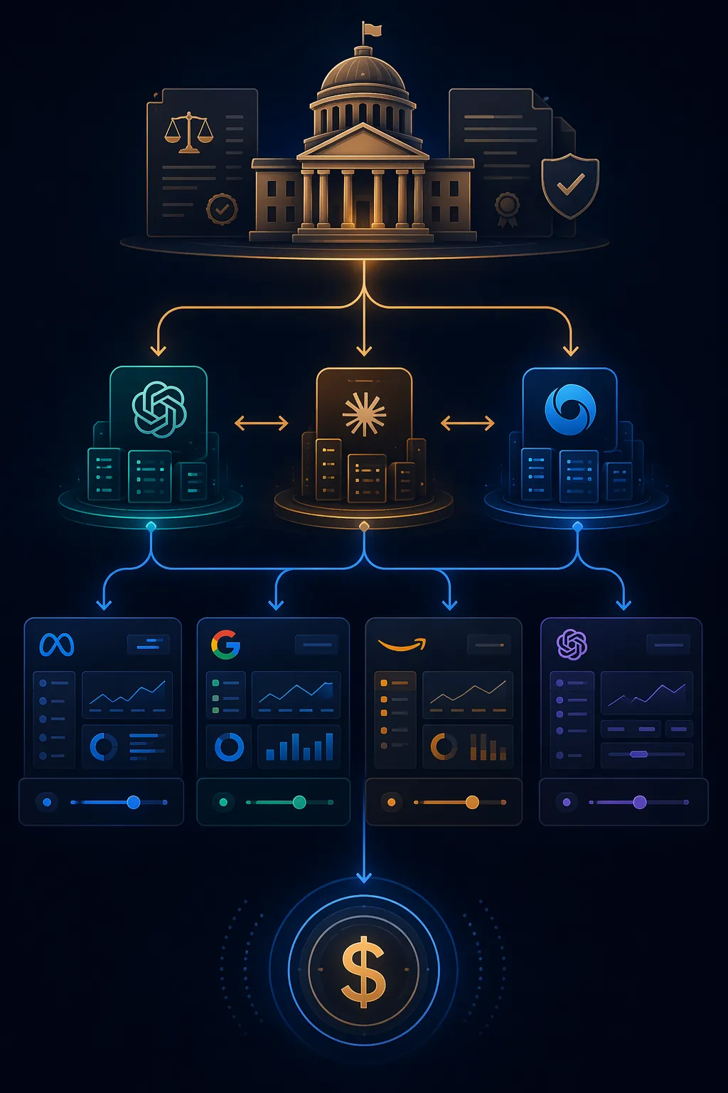 Infographic showing government controls, frontier AI labs, ad platform dashboards, and campaign exposure connected in a dependency chain