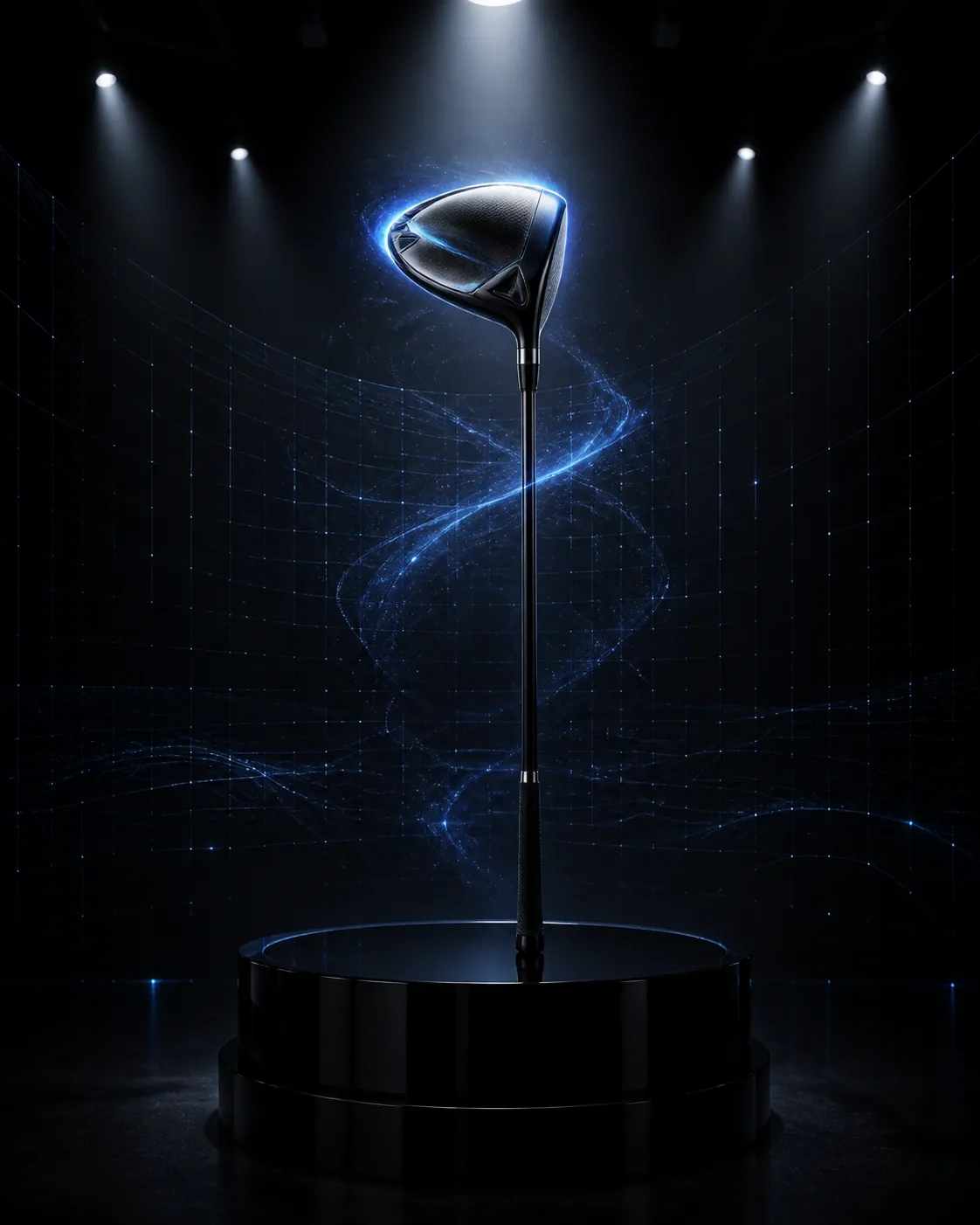 A golf driver standing on a pedestal under studio spotlights with a blue energy aura and holographic grid