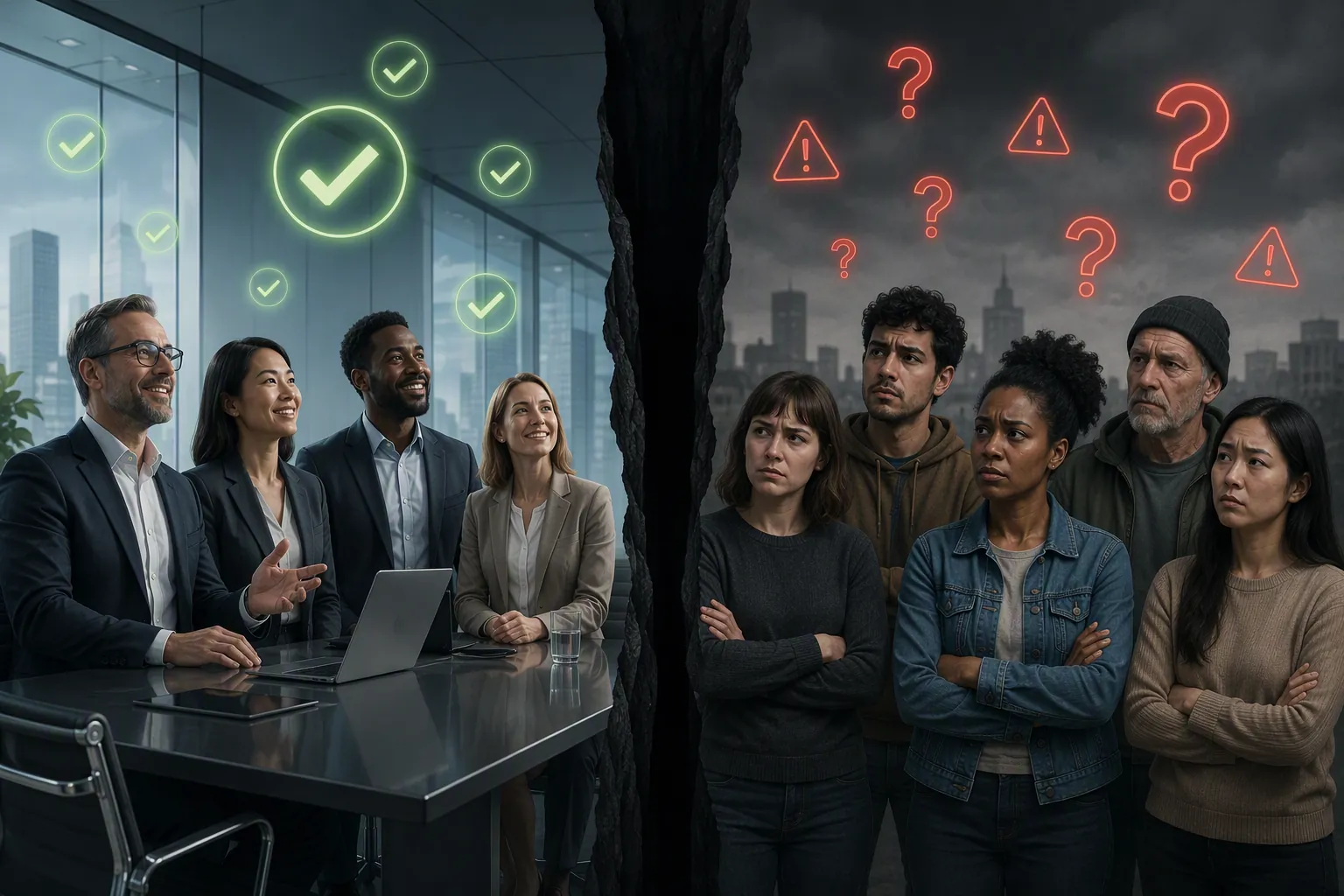Business professionals with approval checkmarks contrasted with skeptical consumers and warning icons