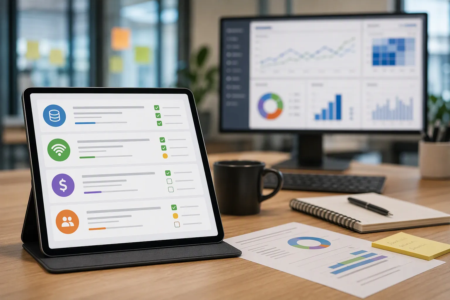 Media buyer desk showing a four-part verification checklist beside ad platform dashboards