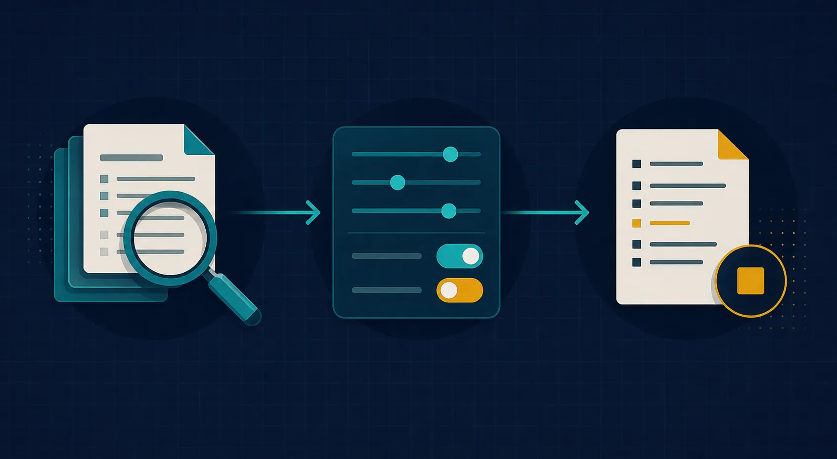 A three-step workflow showing methodology review, control configuration, and delivery logging