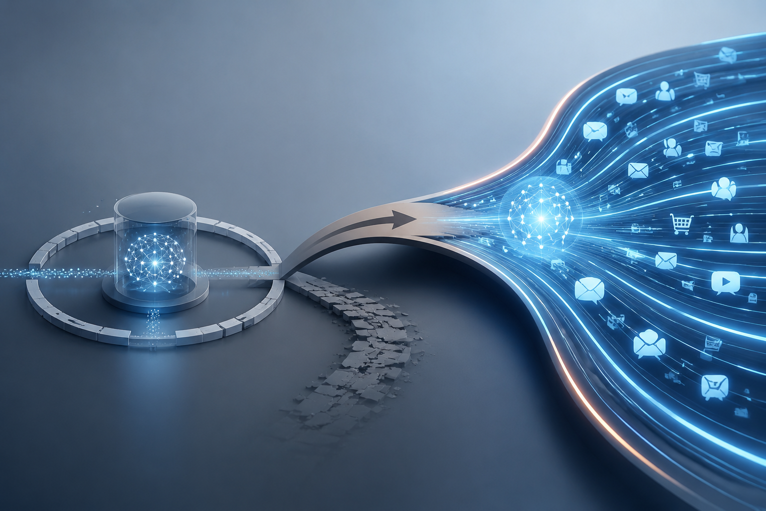 Conceptual split between fine-tuning on limited customer data and feeding full customer interaction history into AI