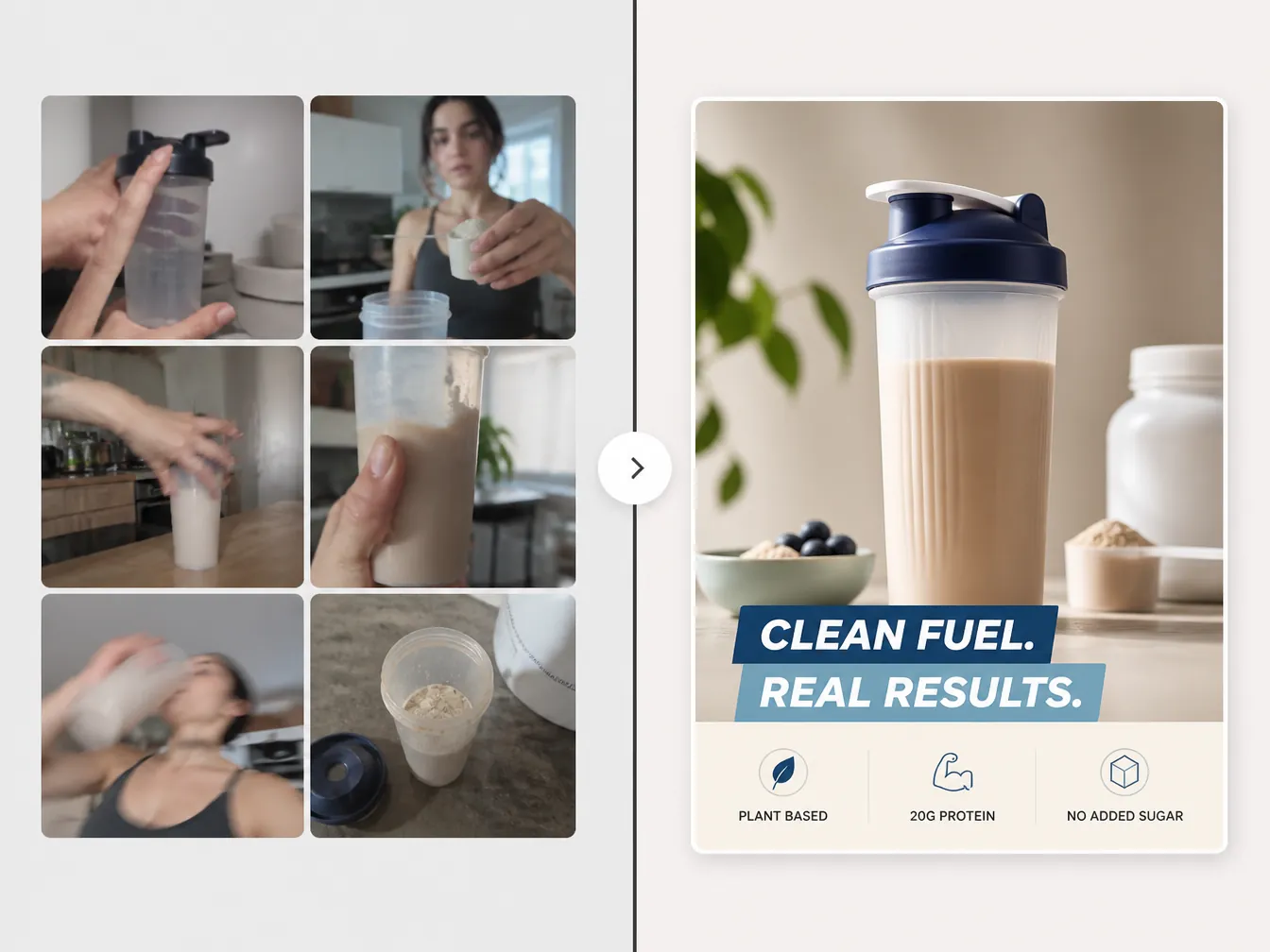 Raw AI video stills contrasted with a polished captioned social video ad frame