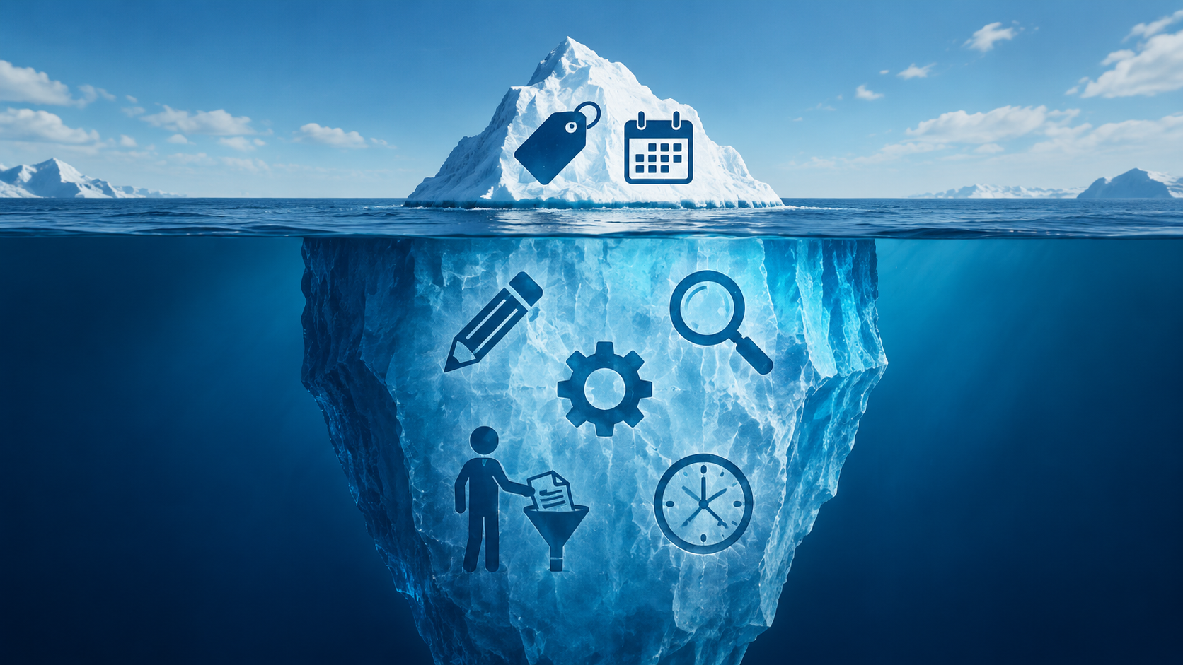 Iceberg showing visible scheduler price above hidden labor costs below the surface