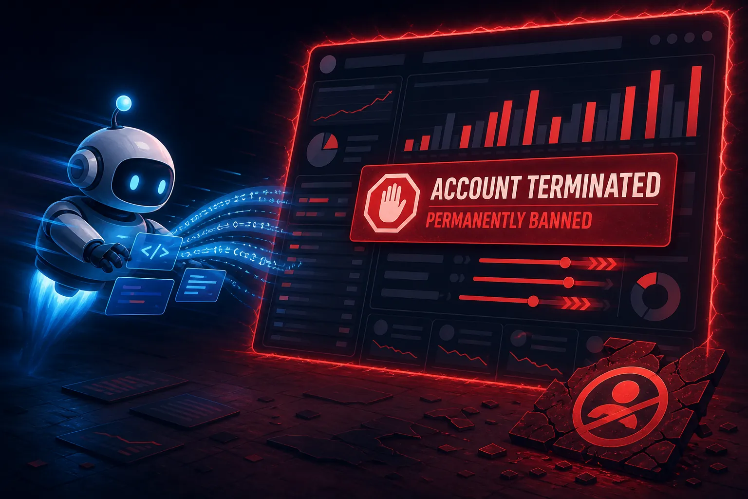 AI agent connected to an advertising dashboard with rapidly moving budget controls and a termination banner