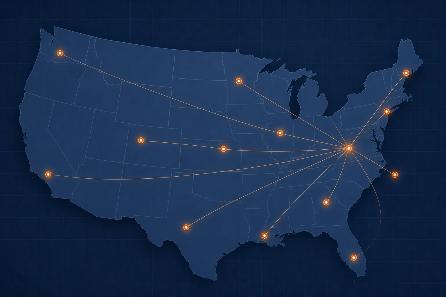 Map of the United States with 13 highlighted college-market locations connected as one national buy