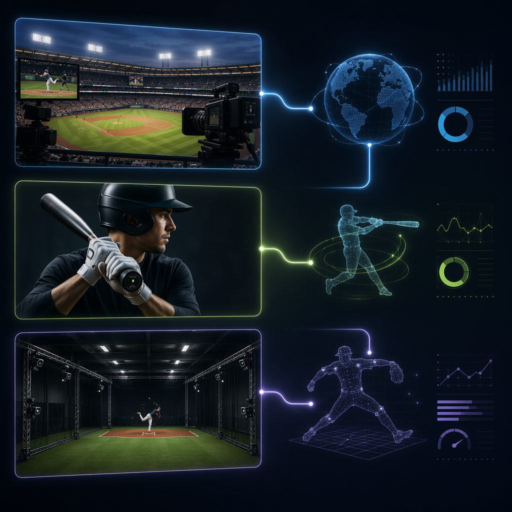 Three-tier framework comparing Statcast, Blast Motion, and markerless facility tracking data access levels