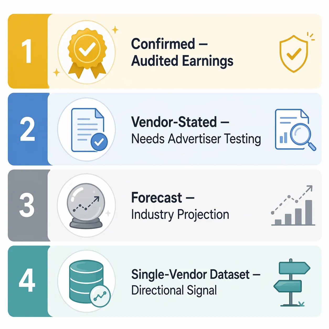 Four-tier verification scorecard distinguishing audited earnings, vendor-stated claims, forecasts, and single-vendor datasets