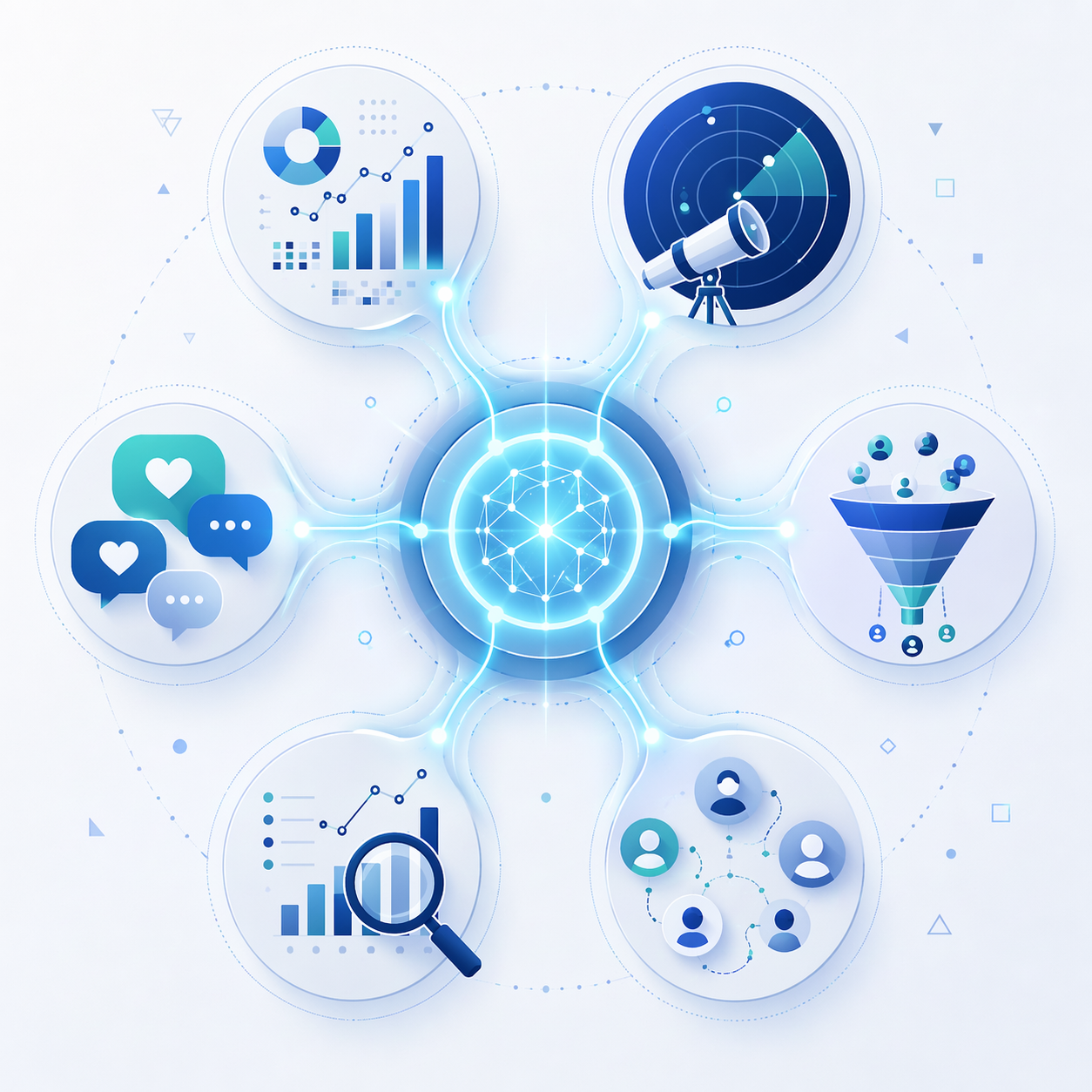 Six connected marketing workflow nodes around a central AI hub