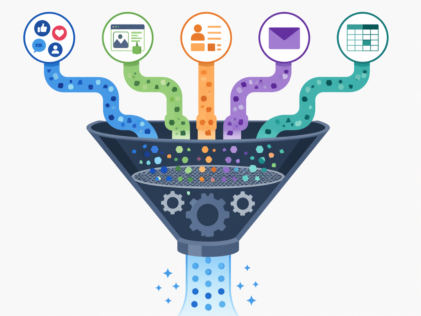 Multiple marketing data sources flowing through a normalization funnel into unified output