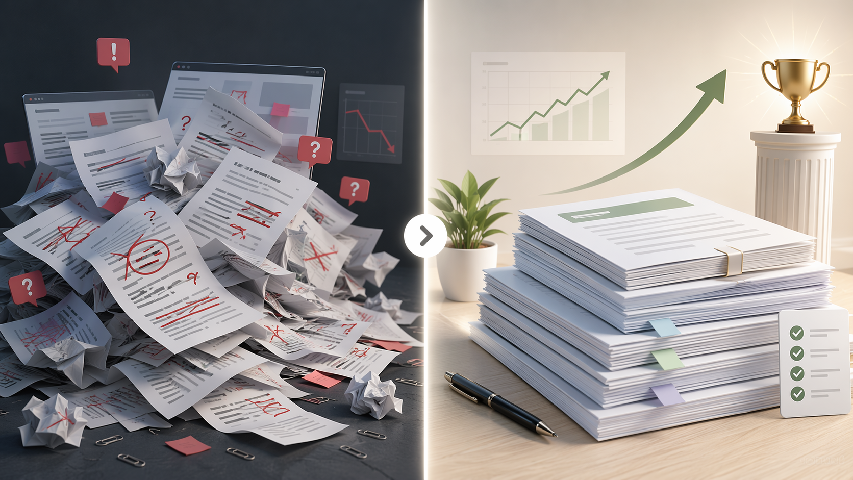 Split comparison of unedited AI content with scattered edit marks and polished edited AI content with stronger ranking outcomes