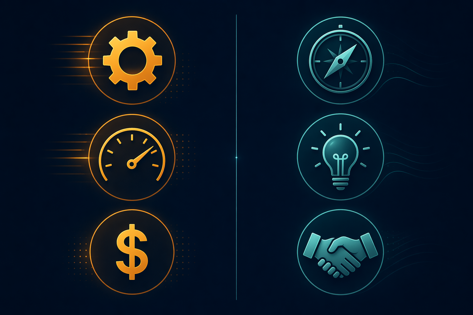 A split graphic contrasting production efficiency icons with strategic brand icons.