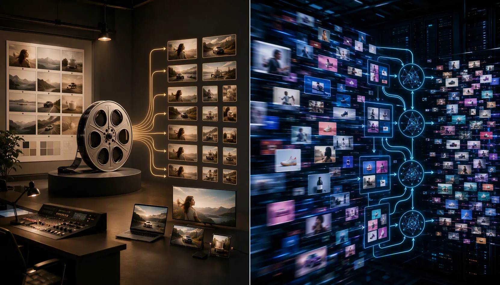 Comparison of approved broadcast ad versioning and algorithmic platform creative recombination
