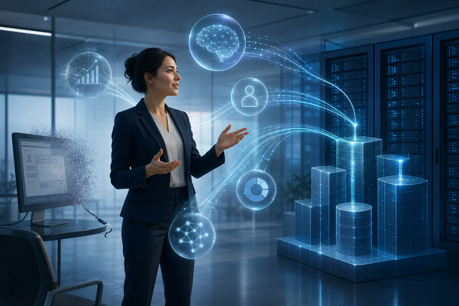 Professional speaking to AI agents that send data streams to backend databases and servers while monitor-based interfaces fade into the background
