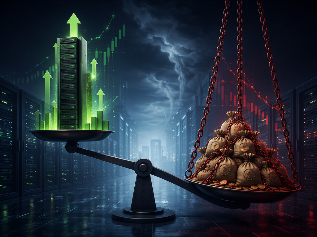 Financial illustration contrasting a rising server infrastructure column with debt chains and an unbalanced scale