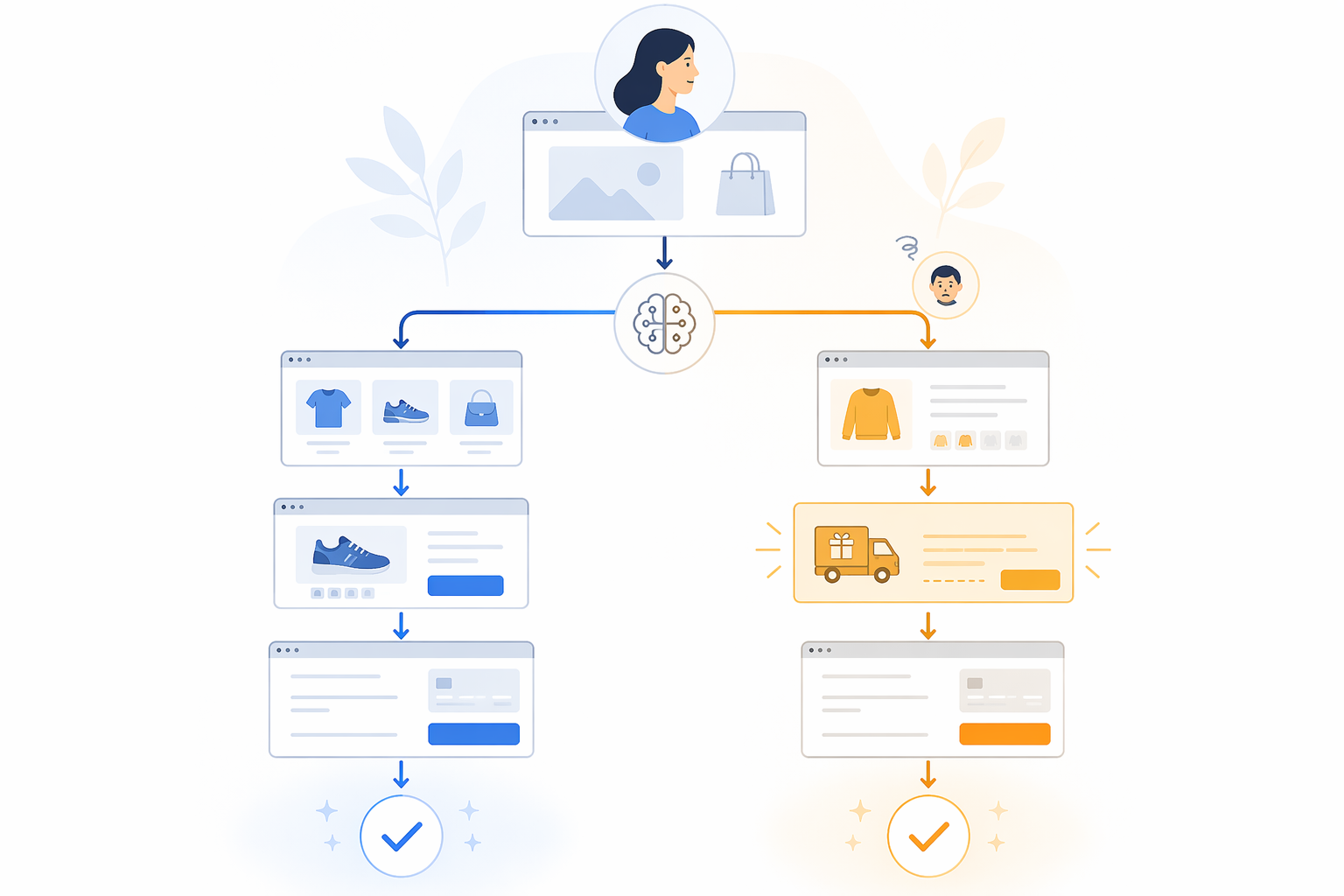 Decision-flow diagram splitting visitors into high-intent and on-the-fence paths within the first few clicks.