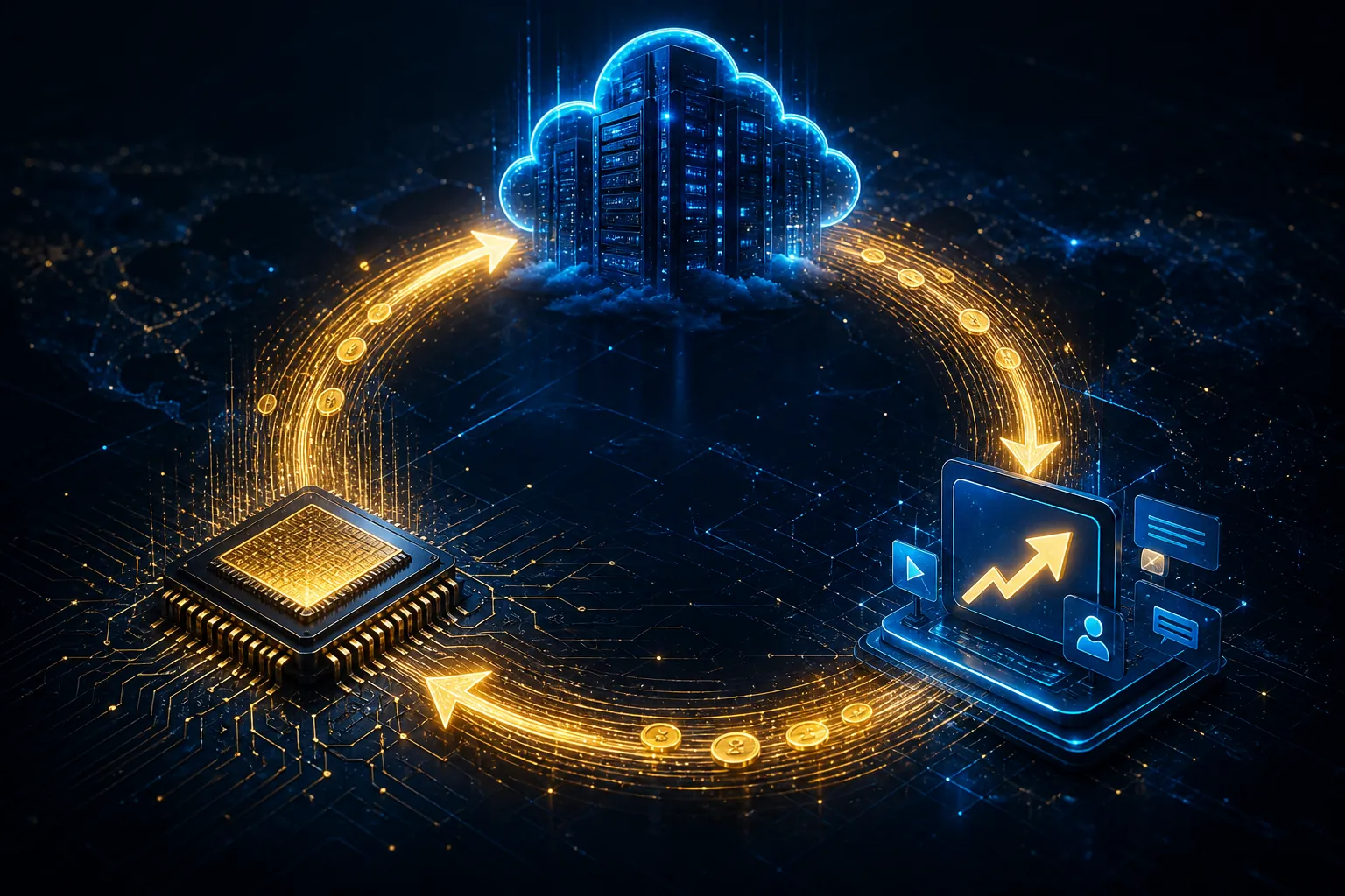 Closed loop of capital connecting a chip, data center, and advertising platform