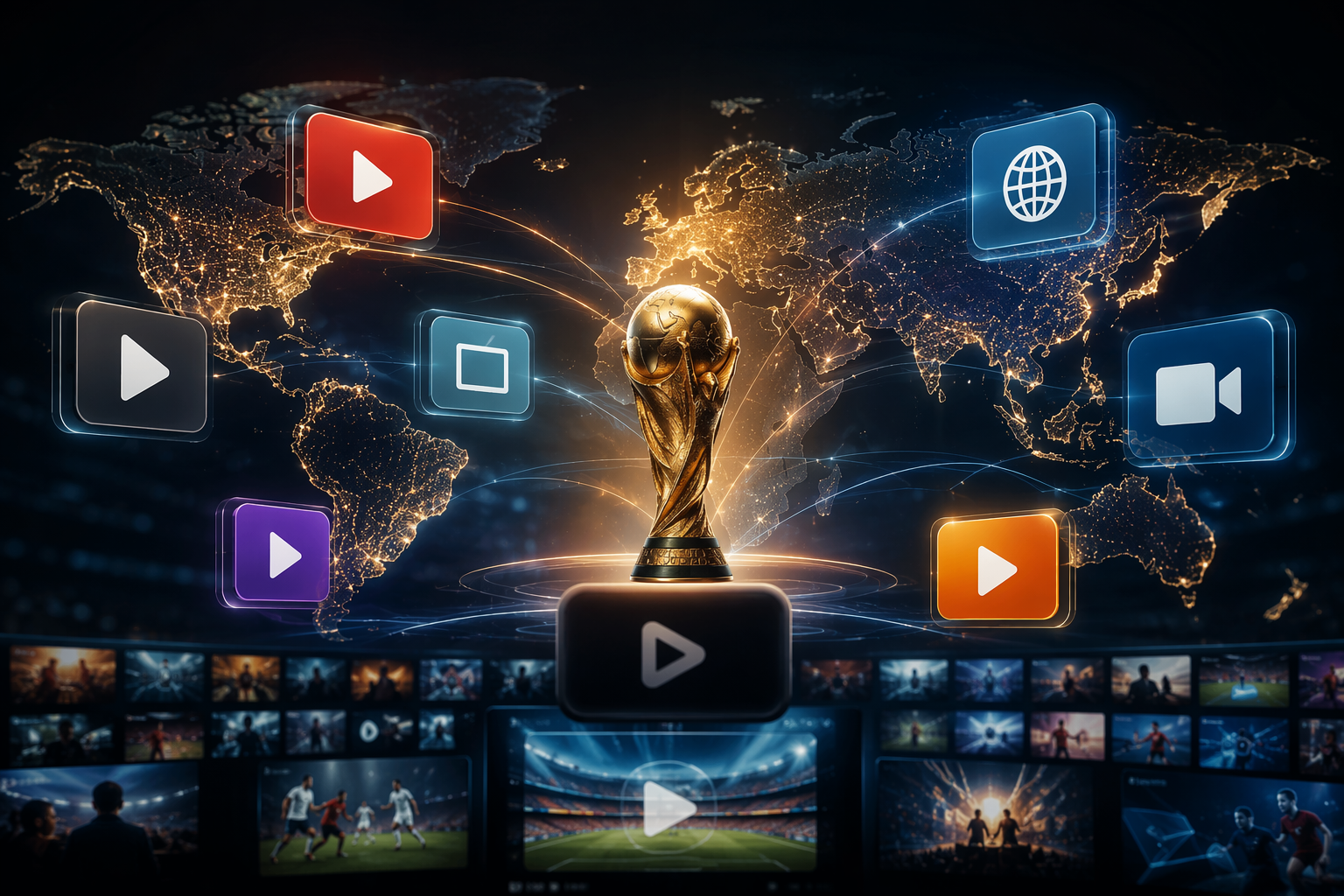 Abstract streaming interfaces floating above three continent silhouettes