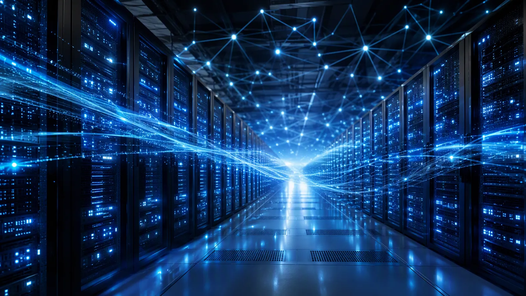 Modern data center corridor with glowing server racks and AI-like data streams