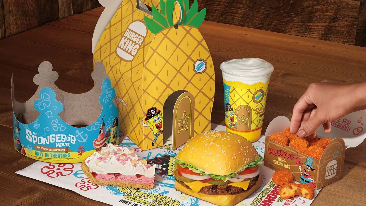 SpongeBob themed Burger King promotional menu, packaging, and kids meal toys