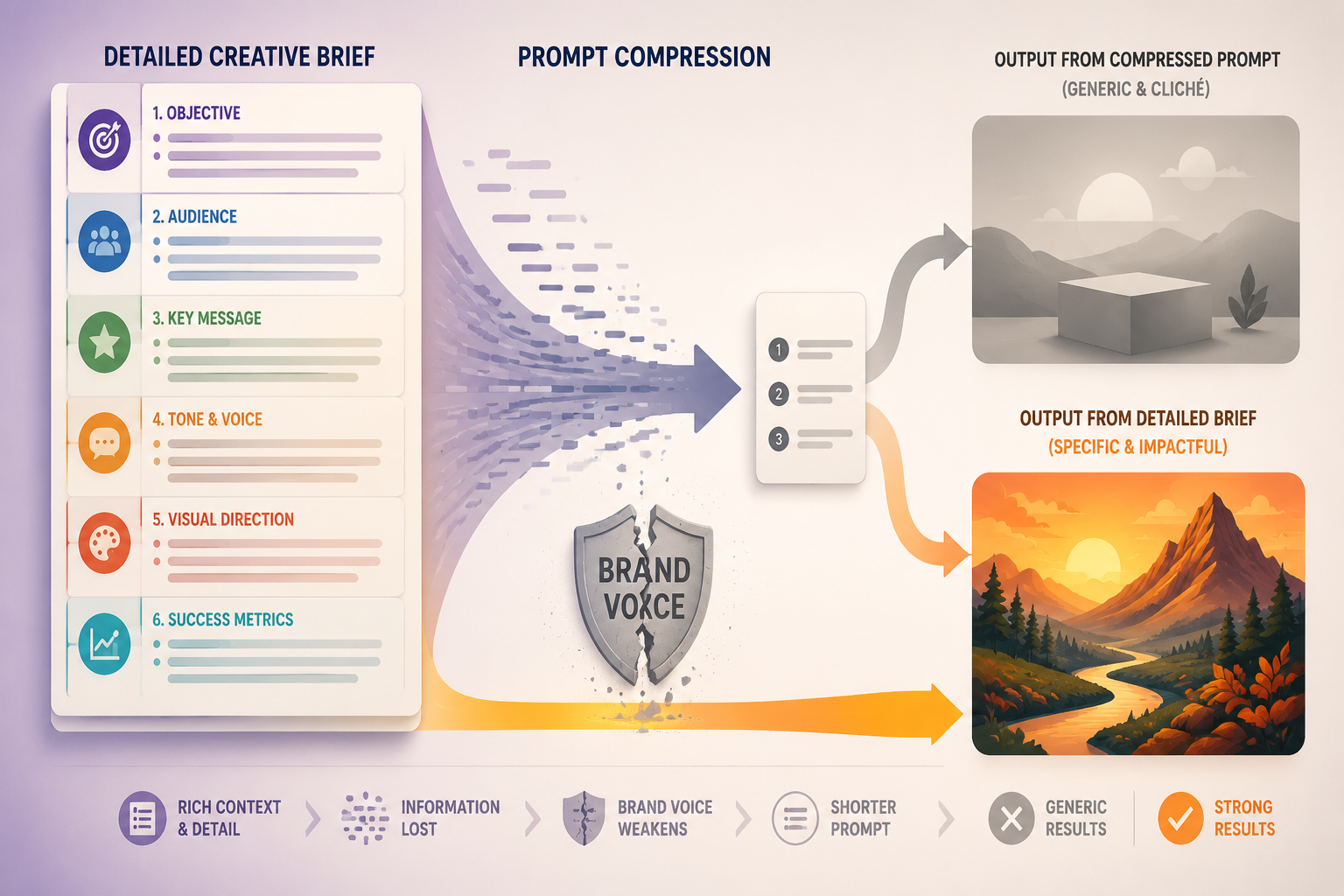 Illustration of a detailed creative brief being compressed into a small template box and producing blander output than a full structured brief