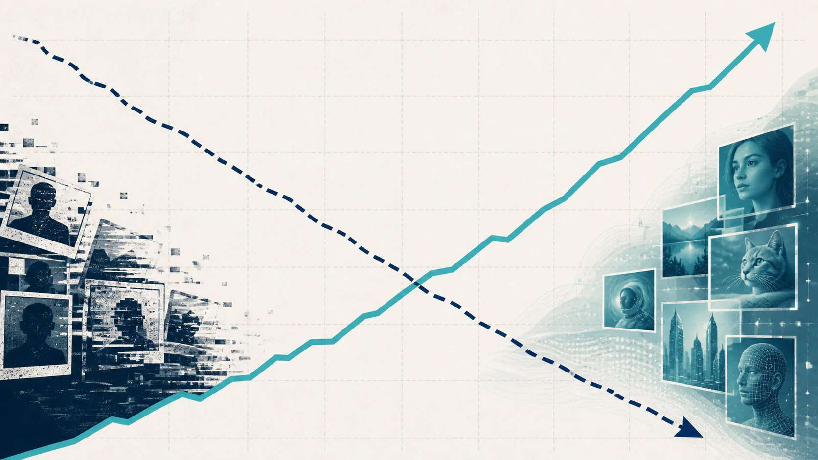 A stylized chart showing AI-generated fakes rising as template fakes decline