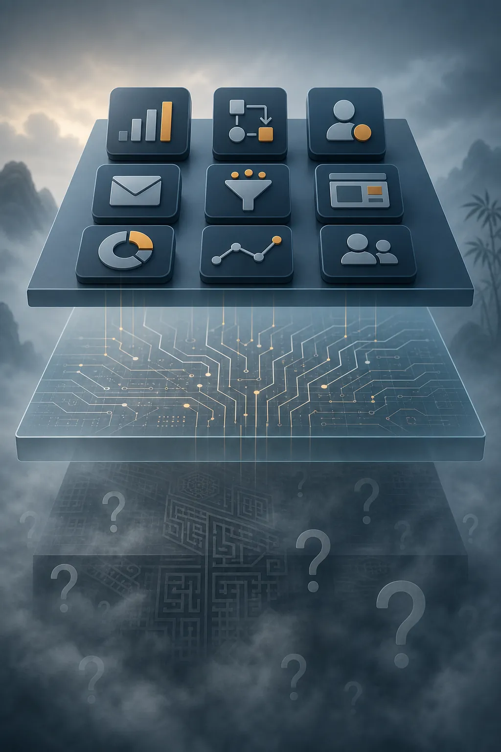 Layered marketing technology stack with opaque AI model provenance beneath familiar tools