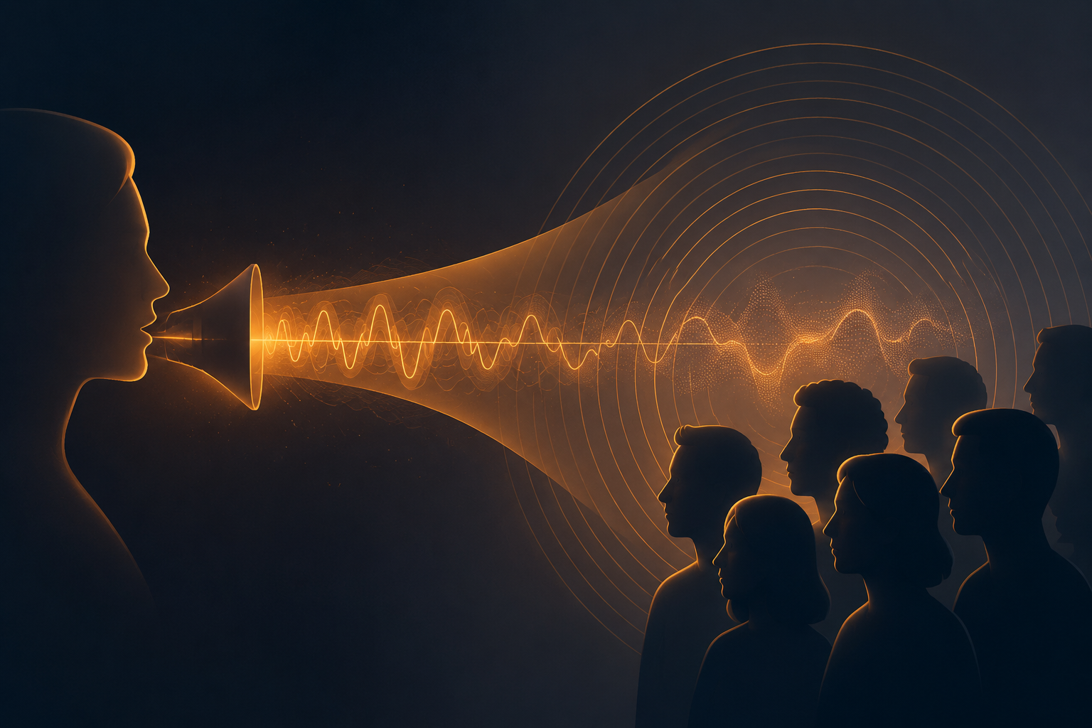Illustration of a speaker's vocal timbre resonating with listener silhouettes