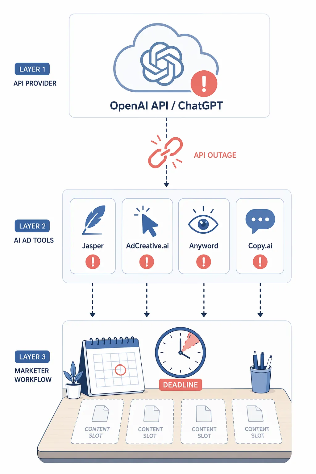 Diagram of an OpenAI API outage cascading into AI ad tools and a marketer deadline