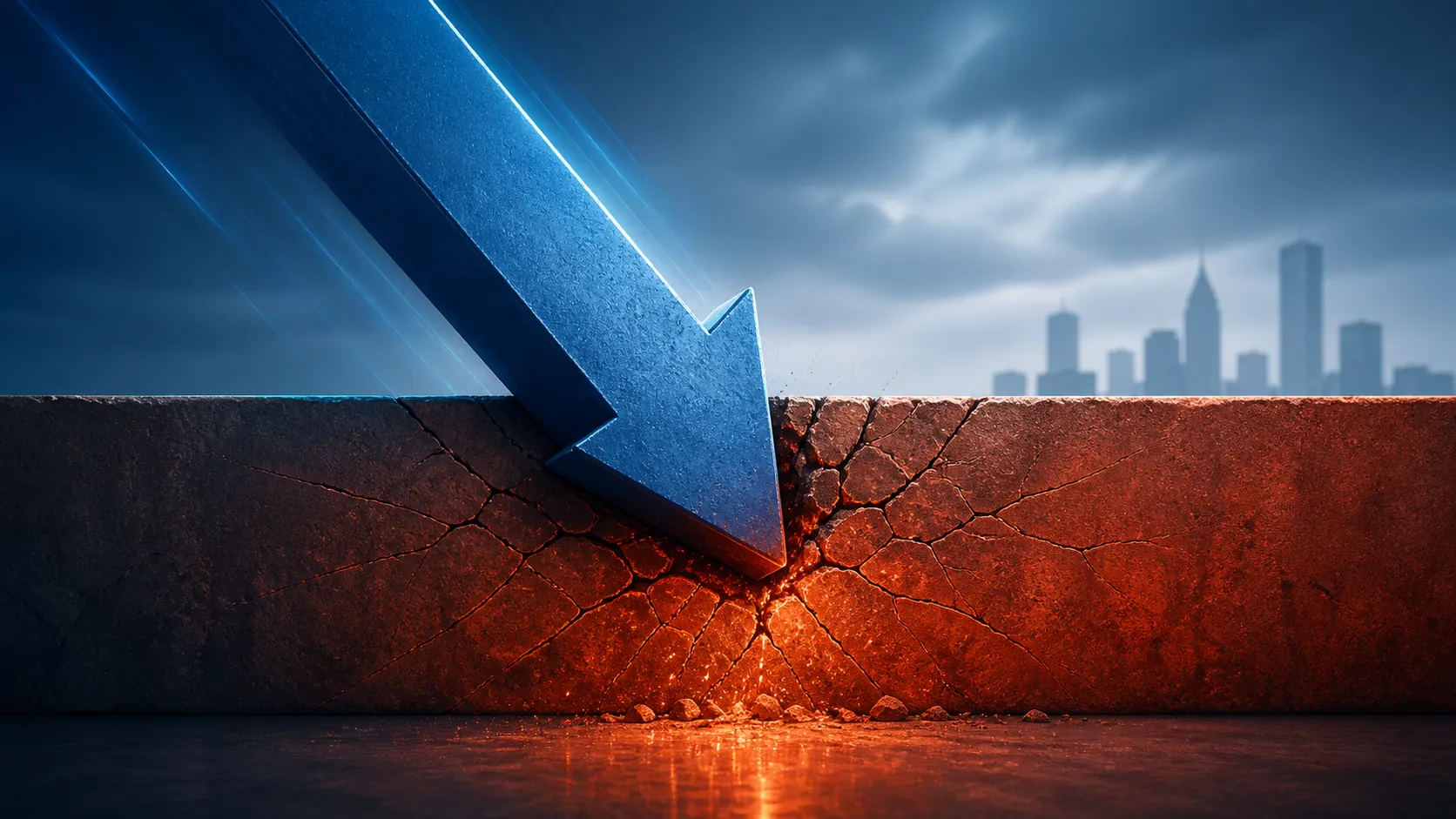 Downward economic force colliding with a barrier, representing rate cuts meeting mortgage-market resistance