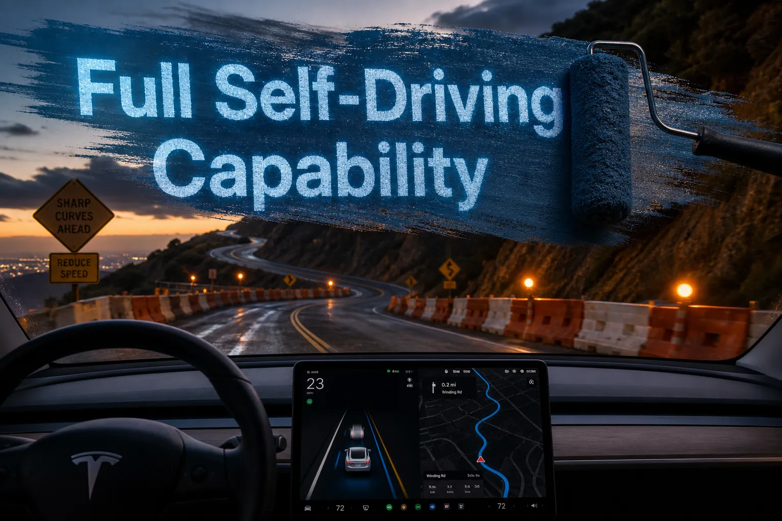 A Tesla on a dusk road with Full Self-Driving Capability messaging obscuring construction barriers and warning signs