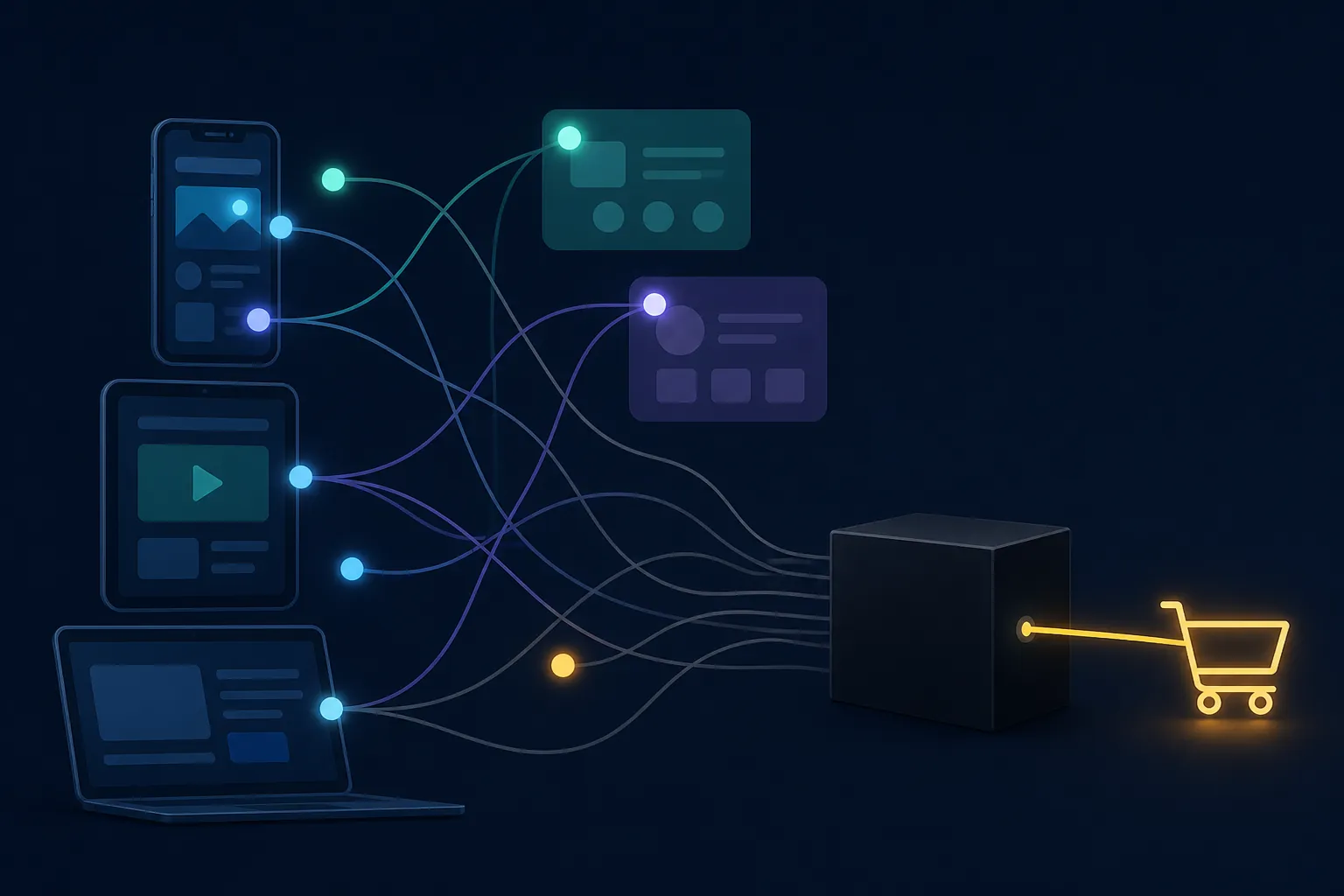 Fragmented ecommerce customer journey with discovery touchpoints fading before a bidder sees only the final click