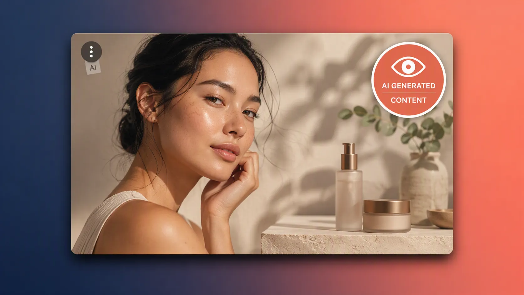 Digital ad frame contrasting a tiny AI tag behind a three-dot menu with a visible disclosure badge on the creative